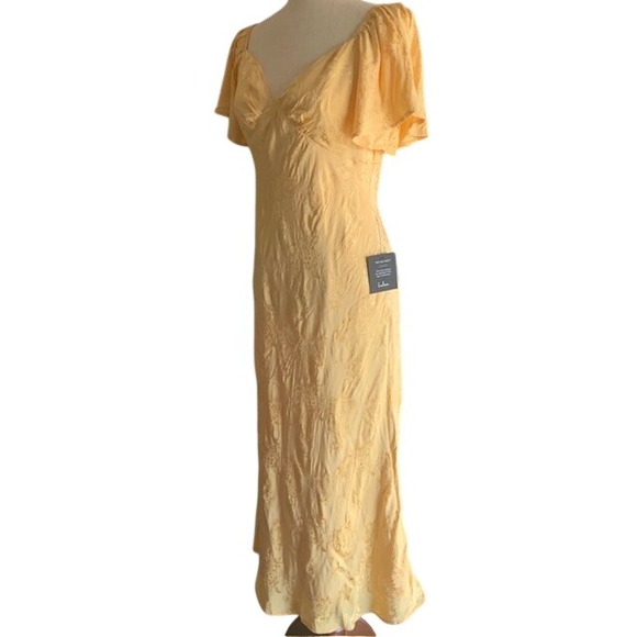 NWT Lulus Midi Dress L Butter Yellow Recencycore Babydoll Satin Flutter Sleeve - Picture 3 of 15